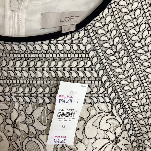 NWT Loft Ivory Cream and Black Lace Overlay Shift Dress Size 12 - Picture 6 of 7